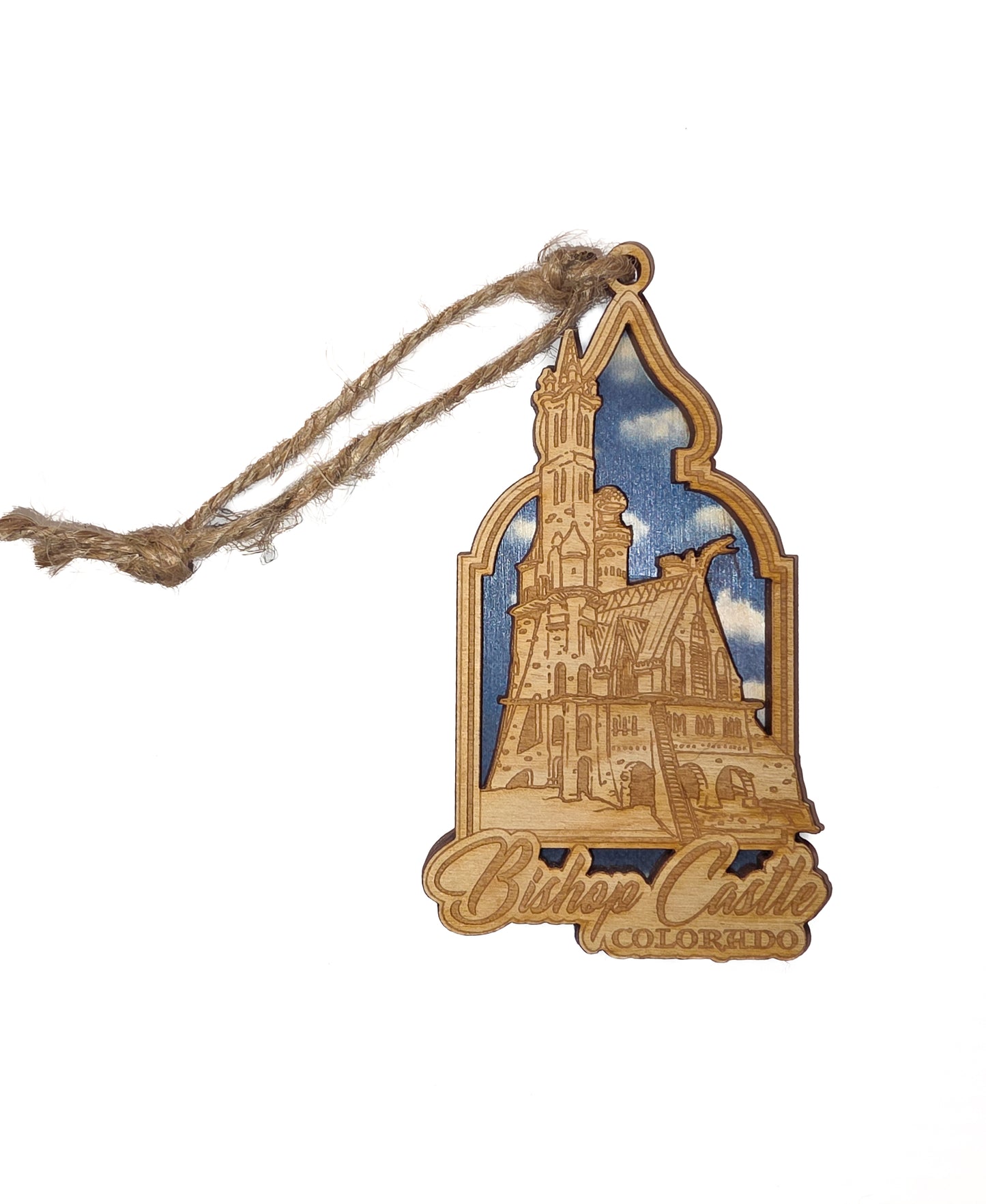 Bishop Castle Wooden Ornament (Colored Background)